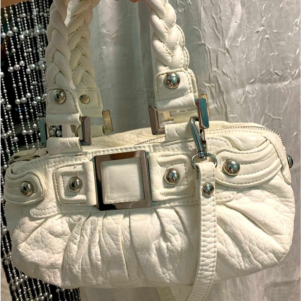 White handbag silver-tone hardware zip pocket outside & inside, detachable strap